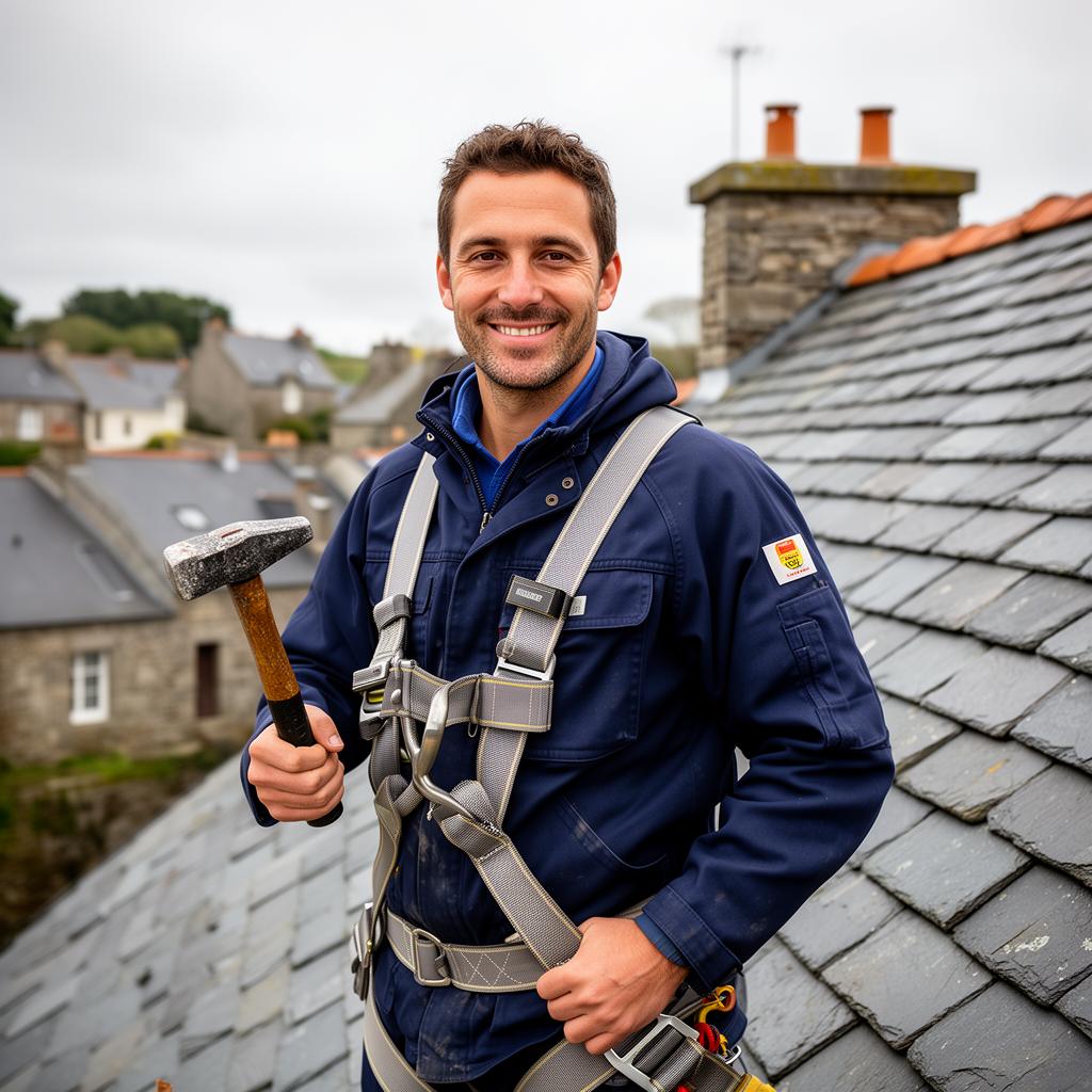 Ricky Debosscher, couvreur à Brest, sur une toiture en ardoise